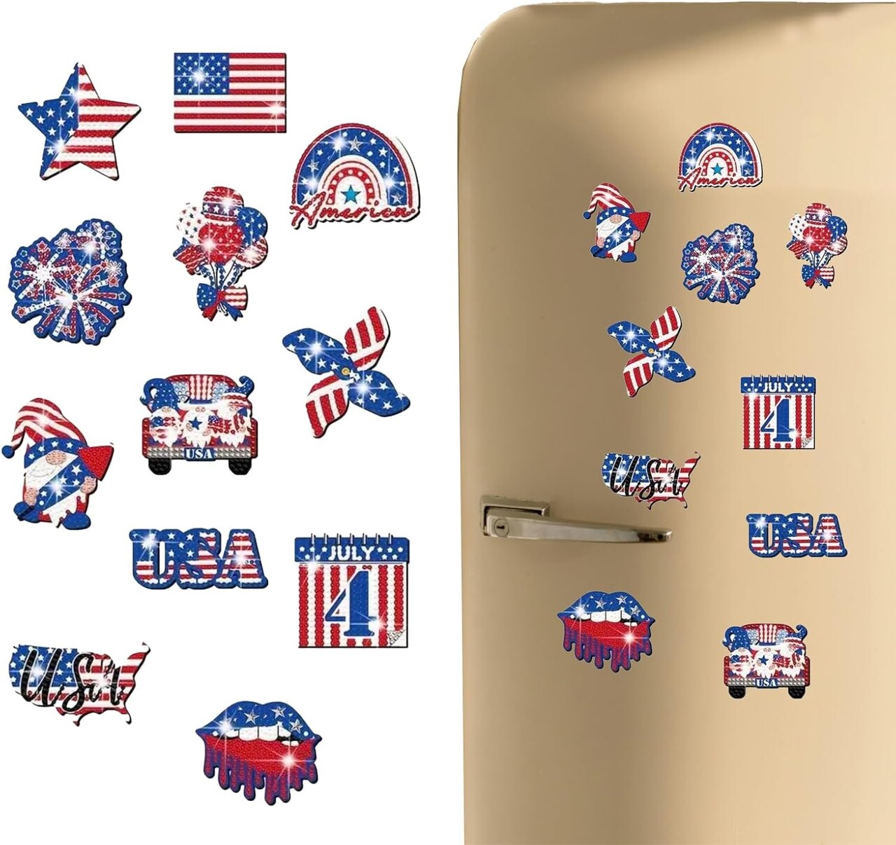 12 Pcs American Flag Diamond Painting Magnets, DIY Magnetic Fridge Décor, Strong Magnetic Diamond Art Stickers for Adults and Home Decoration
